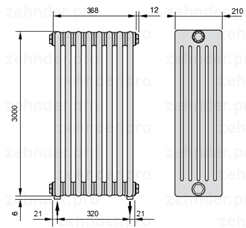 Схема (чертеж) Радиатор Zehnder Charleston 6300/8 №3570 Белый глянцевый RAL 9016